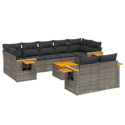 10-Piece Garden Sofa Set with Cushions Outdoor Patio Lounge Furniture Grey Poly Rattan
