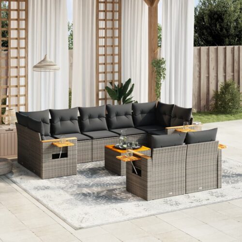 10-Piece Garden Sofa Set with Cushions Outdoor Patio Lounge Furniture Grey Poly Rattan - Image 2