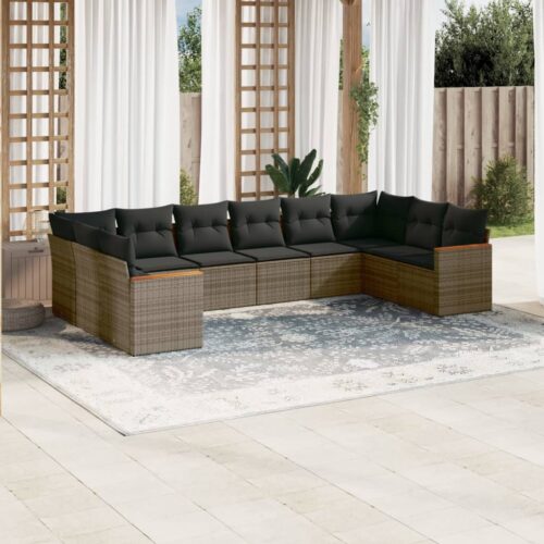 10-Piece Garden Sofa Set with Cushions Outdoor Patio Lounge Furniture Grey Poly Rattan - Image 2