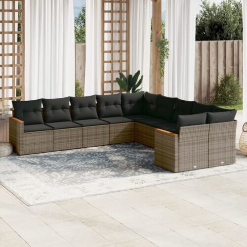 10-Piece Garden Sofa Set with Cushions Outdoor Patio Lounge Furniture Grey Poly Rattan - Image 2