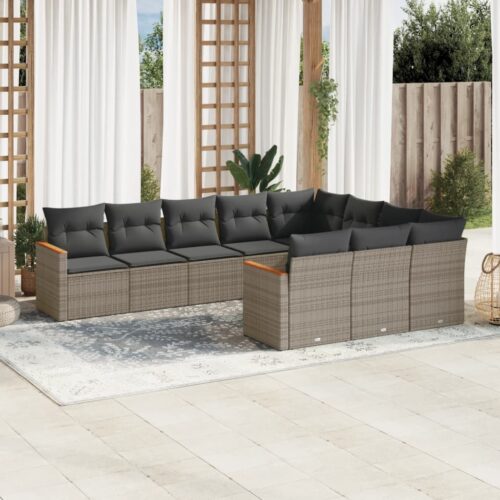 10-Piece Garden Sofa Set with Cushions Outdoor Patio Lounge Furniture Grey Poly Rattan - Image 2
