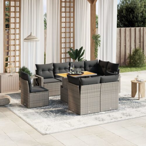 9-Piece Garden Sofa Set with Cushions Outdoor Patio Furniture Grey Poly Rattan - Image 2