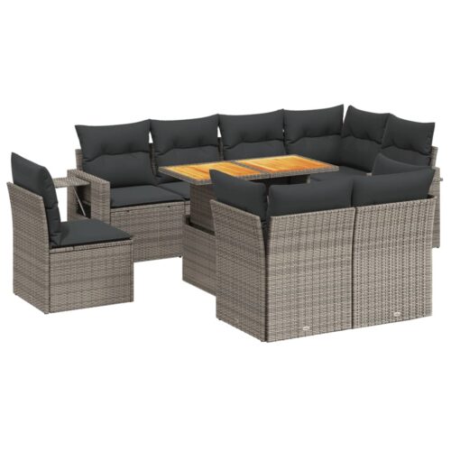9-Piece Garden Sofa Set with Cushions Outdoor Patio Furniture Grey Poly Rattan - Image 5