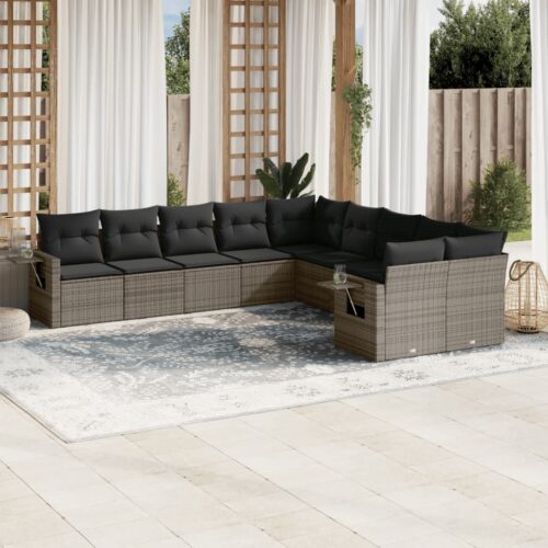 10-Piece Garden Sofa Set with Cushions Outdoor Patio Lounge Furniture Grey Poly Rattan - Image 2