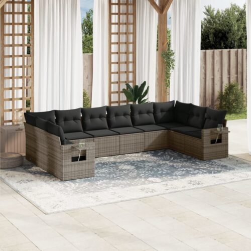 10-Piece Garden Sofa Set with Cushions Outdoor Patio Lounge Furniture Grey Poly Rattan - Image 2