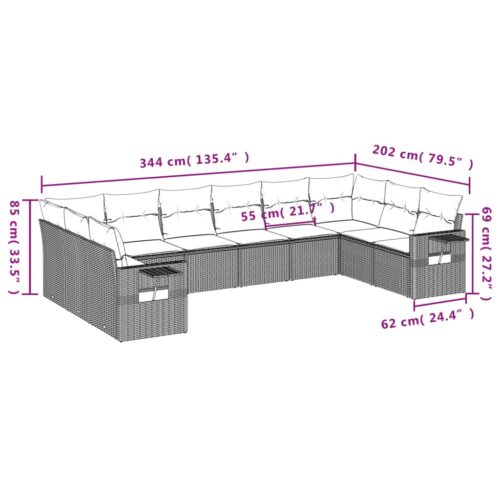 10-Piece Garden Sofa Set with Cushions Outdoor Patio Lounge Furniture Grey Poly Rattan - Image 7