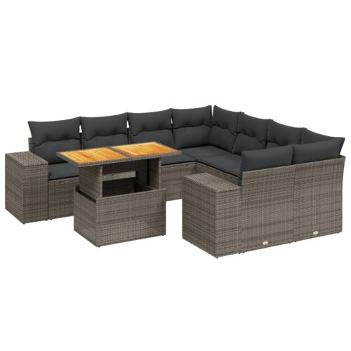 9-Piece Garden Sofa Set with Cushions Outdoor Patio Furniture Grey Poly Rattan
