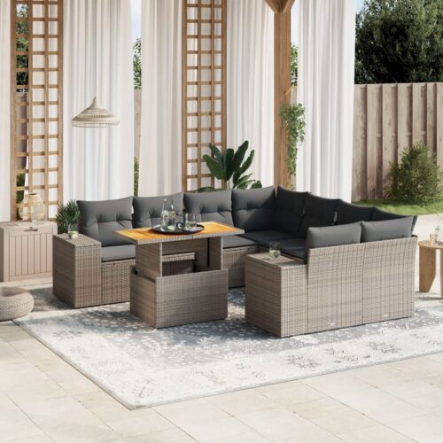 9-Piece Garden Sofa Set with Cushions Outdoor Patio Furniture Grey Poly Rattan - Image 2
