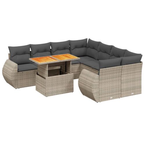 9-Piece Garden Sofa Set with Cushions Outdoor Patio Furniture Grey Poly Rattan - Image 5