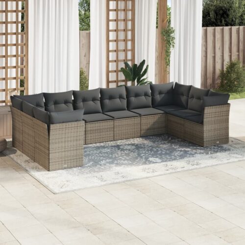 10-Piece Garden Sofa Set with Cushions Outdoor Patio Lounge Furniture Grey Poly Rattan - Image 2