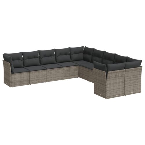 10-Piece Garden Sofa Set with Cushions Outdoor Patio Lounge Furniture Grey Poly Rattan - Image 5