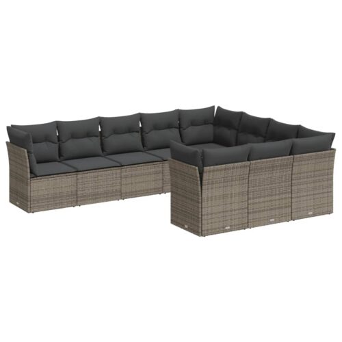10-Piece Garden Sofa Set with Cushions Outdoor Patio Lounge Furniture Grey Poly Rattan - Image 5
