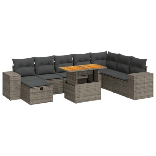 9-Piece Garden Sofa Set with Cushions Outdoor Patio Furniture Grey Poly Rattan Acacia