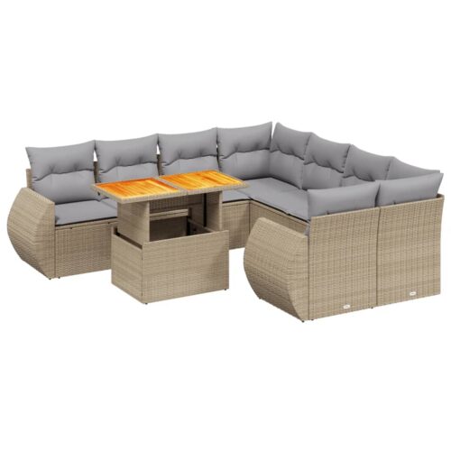 9-Piece Garden Sofa Set with Cushions Outdoor Patio Furniture Beige Poly Rattan