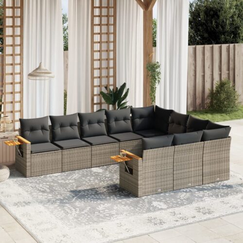 10-Piece Garden Sofa Set with Cushions Outdoor Patio Lounge Furniture Grey Poly Rattan - Image 2