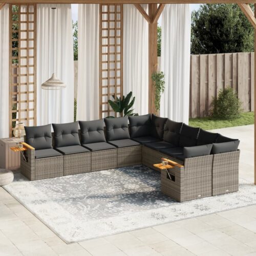 10-Piece Garden Sofa Set with Cushions Outdoor Patio Lounge Furniture Grey Poly Rattan - Image 2