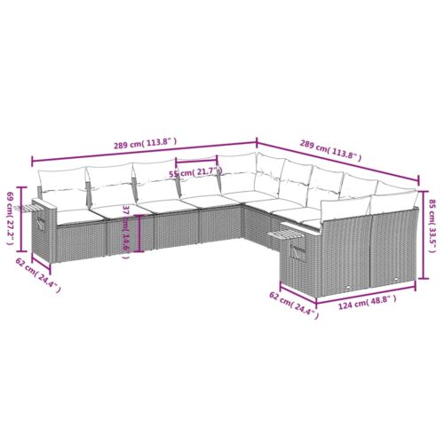 10-Piece Garden Sofa Set with Cushions Outdoor Patio Lounge Furniture Grey Poly Rattan - Image 7
