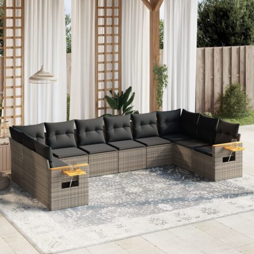10-Piece Garden Sofa Set with Cushions Outdoor Patio Lounge Furniture Grey Poly Rattan - Image 2