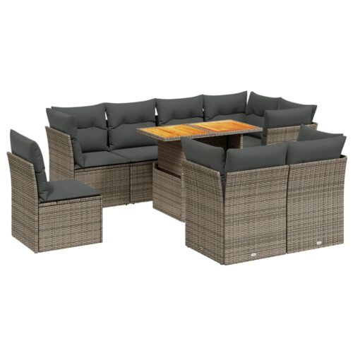 9-Piece Garden Sofa Set with Cushions Outdoor Patio Furniture Grey Poly Rattan