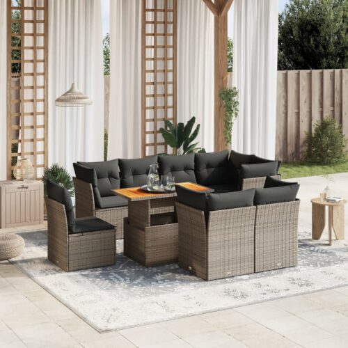 9-Piece Garden Sofa Set with Cushions Outdoor Patio Furniture Grey Poly Rattan - Image 2