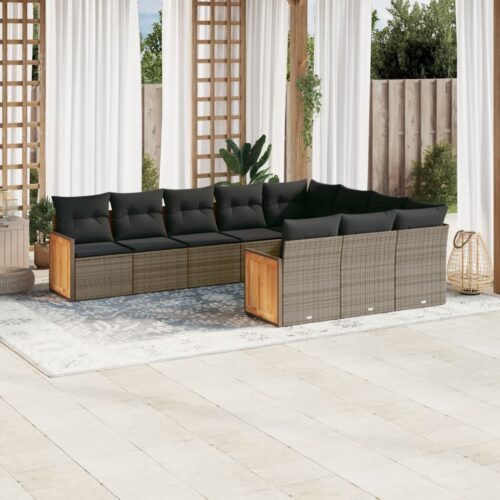 10-Piece Garden Sofa Set with Cushions Outdoor Patio Lounge Furniture Grey Poly Rattan - Image 2