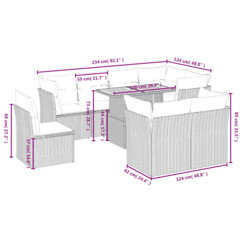 9-Piece Garden Sofa Set with Cushions Outdoor Patio Furniture Beige Poly Rattan - Image 3