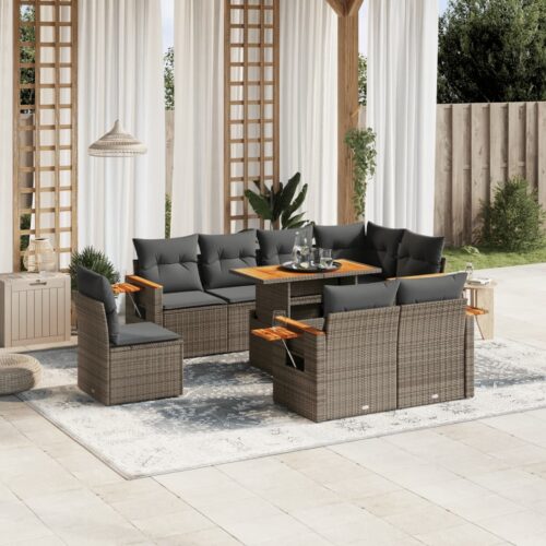 9-Piece Garden Sofa Set with Cushions Outdoor Patio Furniture Grey Poly Rattan - Image 2