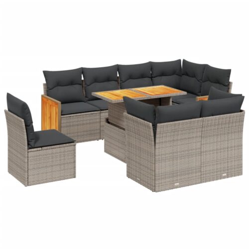 9-Piece Garden Sofa Set with Cushions Outdoor Patio Furniture Grey Poly Rattan