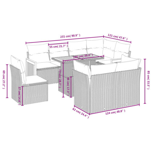 9-Piece Garden Sofa Set with Cushions Outdoor Patio Furniture Grey Poly Rattan - Image 3