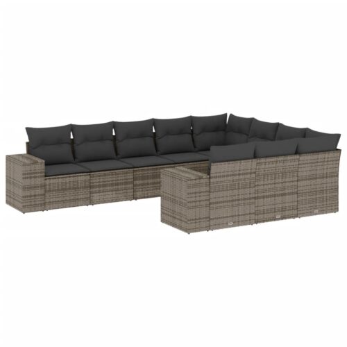 10-Piece Garden Sofa Set with Cushions Outdoor Patio Lounge Furniture Grey Poly Rattan