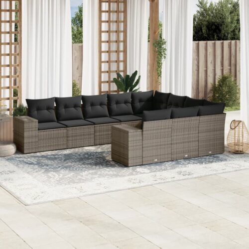 10-Piece Garden Sofa Set with Cushions Outdoor Patio Lounge Furniture Grey Poly Rattan - Image 2