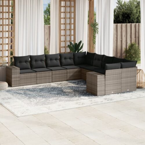 10-Piece Garden Sofa Set with Cushions Outdoor Patio Lounge Furniture Grey Poly Rattan - Image 2