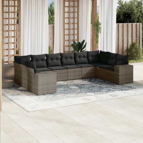 10-Piece Garden Sofa Set with Cushions Outdoor Patio Lounge Furniture Grey Poly Rattan - Image 2