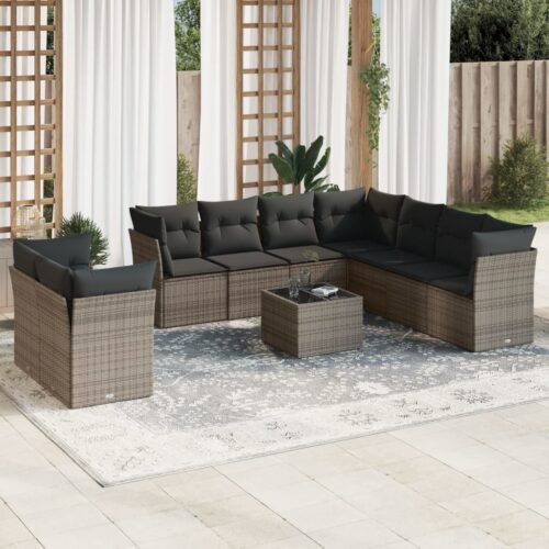 10-Piece Garden Sofa Set with Cushions Outdoor Patio Lounge Furniture Grey Poly Rattan - Image 2