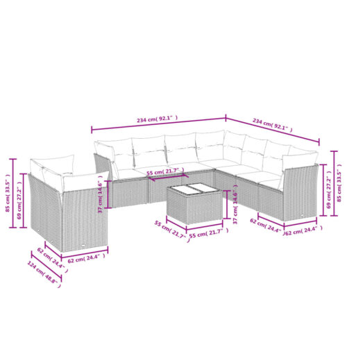 10-Piece Garden Sofa Set with Cushions Outdoor Patio Lounge Furniture Grey Poly Rattan - Image 3