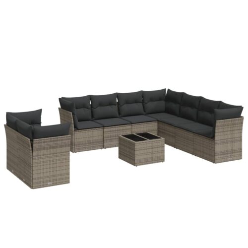 10-Piece Garden Sofa Set with Cushions Outdoor Patio Lounge Furniture Grey Poly Rattan - Image 5