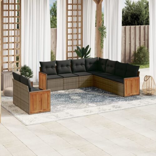 9-Piece Garden Sofa Set with Cushions Outdoor Patio Furniture Grey Poly Rattan - Image 2