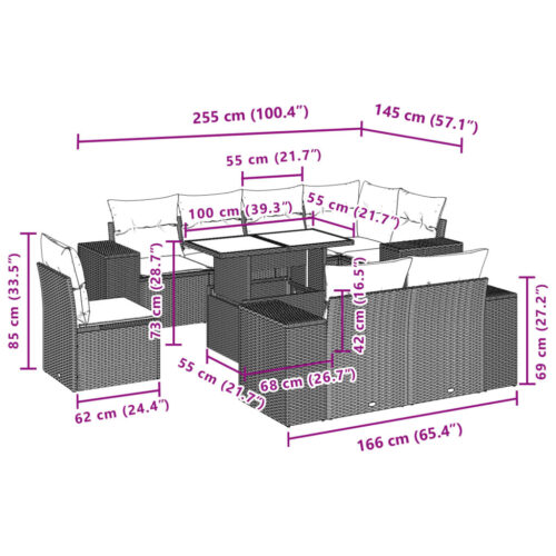 9-Piece Garden Sofa Set with Cushions Outdoor Patio Furniture Grey Poly Rattan - Image 9