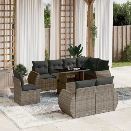 9-Piece Garden Sofa Set with Cushions Outdoor Patio Furniture Grey Poly Rattan - Image 2