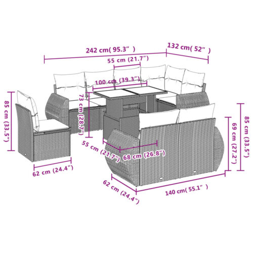 9-Piece Garden Sofa Set with Cushions Outdoor Patio Furniture Grey Poly Rattan - Image 9