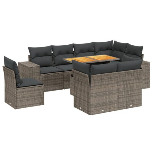 9-Piece Garden Sofa Set with Cushions Outdoor Patio Furniture Grey Poly Rattan