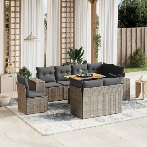 9-Piece Garden Sofa Set with Cushions Outdoor Patio Furniture Grey Poly Rattan - Image 2