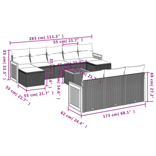 11-Piece Garden Sofa Set with Cushions Outdoor Patio Lounge Furniture Grey Poly Rattan - Image 8