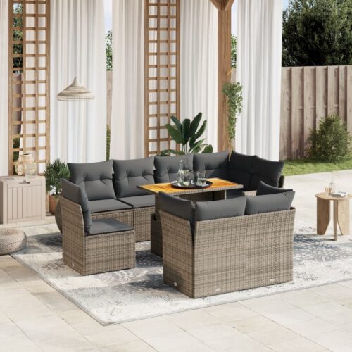 9-Piece Garden Sofa Set with Cushions Outdoor Patio Furniture Grey Poly Rattan - Image 2