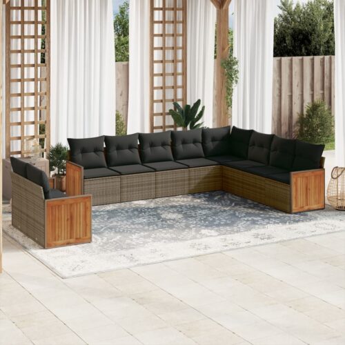 10-Piece Garden Sofa Set with Cushions Outdoor Patio Lounge Furniture Grey Poly Rattan - Image 2