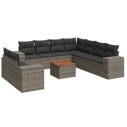10-Piece Garden Sofa Set with Cushions Outdoor Patio Lounge Furniture Grey Poly Rattan
