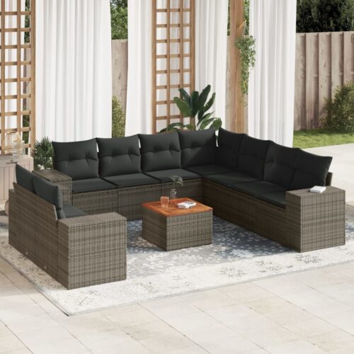 10-Piece Garden Sofa Set with Cushions Outdoor Patio Lounge Furniture Grey Poly Rattan - Image 2