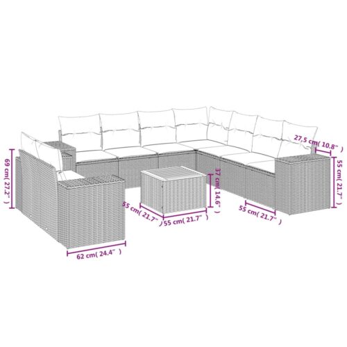 10-Piece Garden Sofa Set with Cushions Outdoor Patio Lounge Furniture Grey Poly Rattan - Image 3