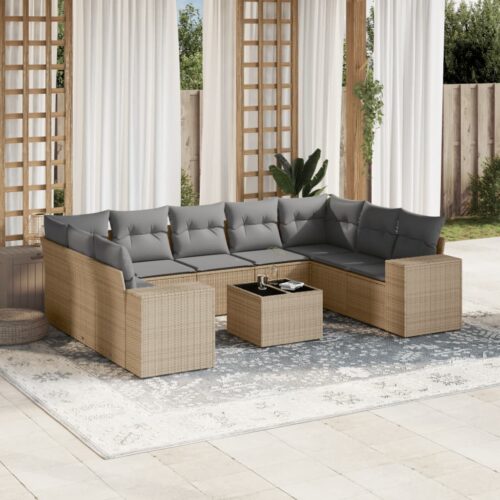 10-Piece Garden Sofa Set with Cushions Outdoor Patio Lounge Furniture Beige Poly Rattan - Image 2