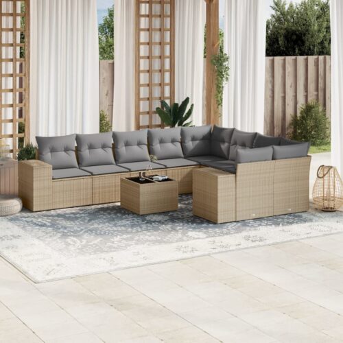 10-Piece Garden Sofa Set with Cushions Outdoor Patio Lounge Furniture Beige Poly Rattan - Image 2